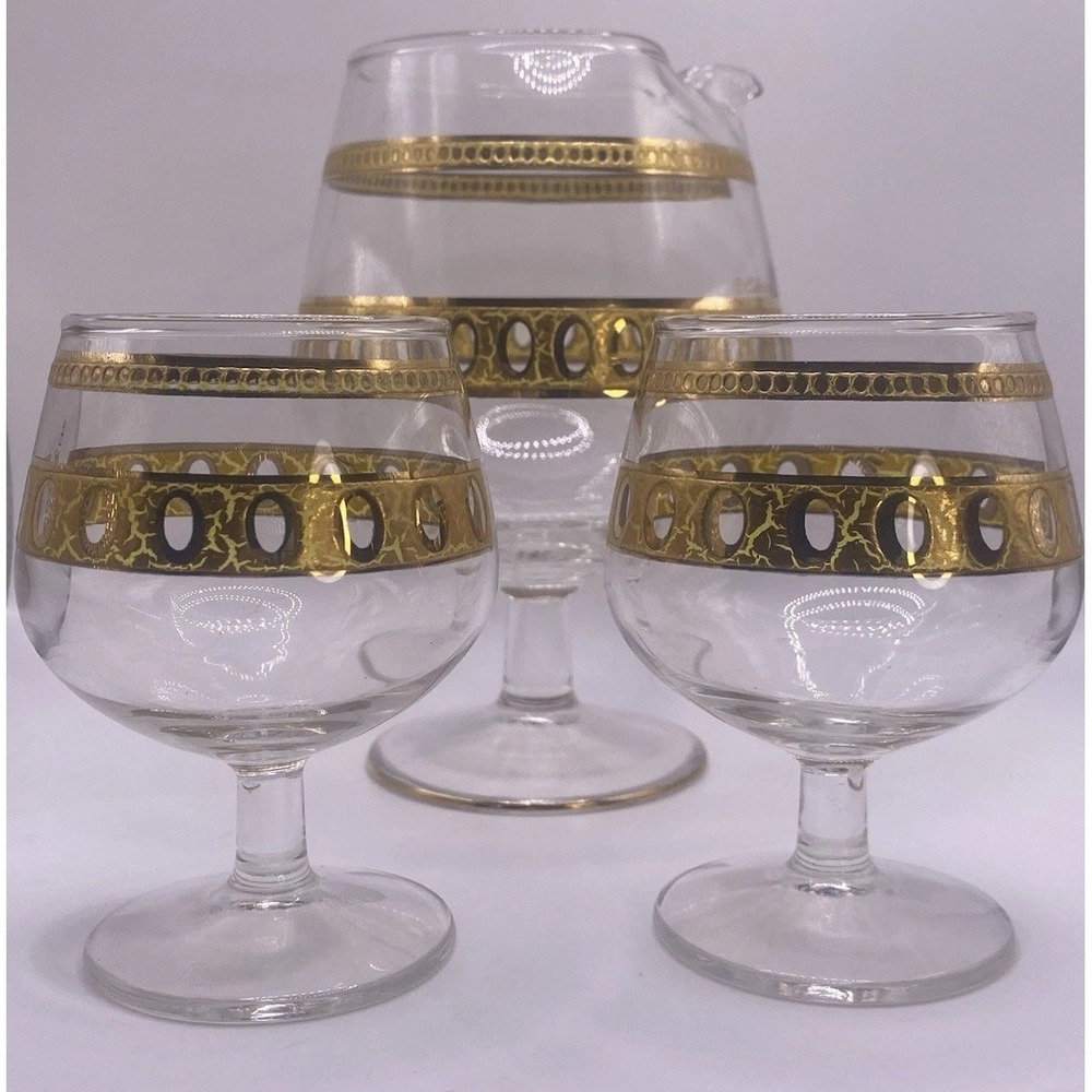 Mid-century Culver Antigua 22k Gold Gilded  Pitcher  Two Glasses MCM Bar Decor